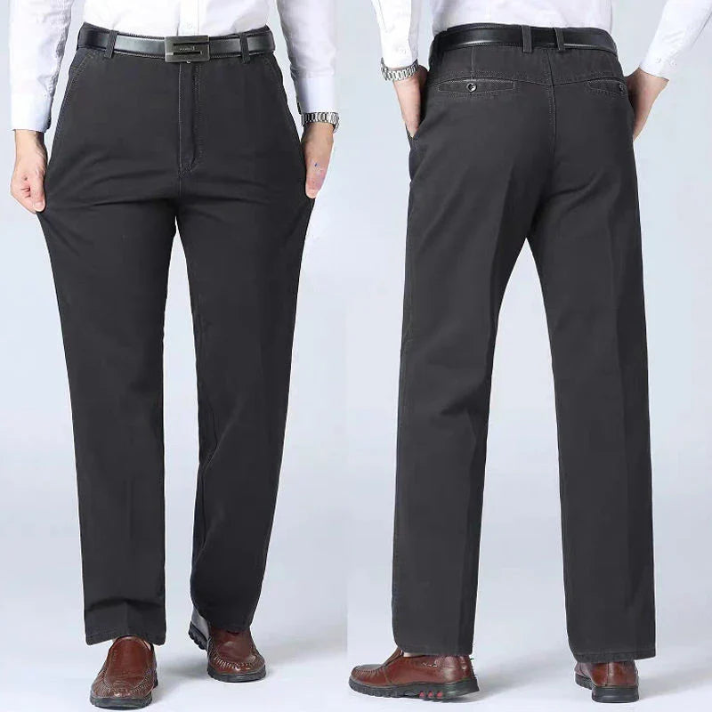 Summer Thin 100% Cotton Pants Mens Autumn Thick Suit Pant Slacks High Waist Straight Loose Bland Solid Business Casual Pants