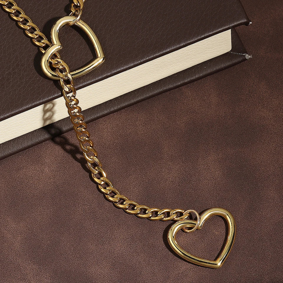 Adjustable Stainless Steel Cuban Link Necklace Hollow Heart Y-Shaped Necklace Punk Rock Style Party Accessories