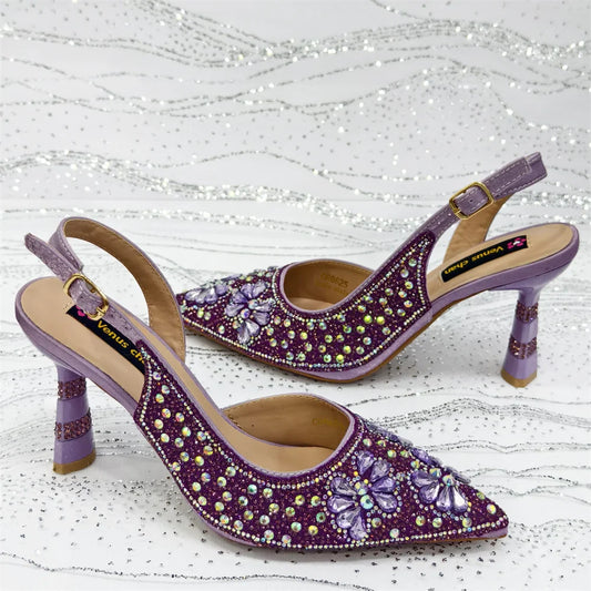 Women's Purple High Heel Party Shoes & Rhinestone Handbag Set - Italian Design for Weddings & Special Occasions