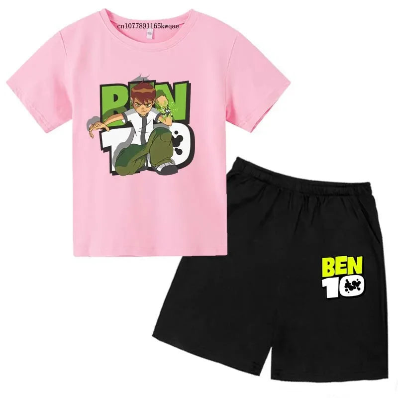 Kids Cartoon Ben Tennyson 10 Print Summer 2pcs Breathable Tees+Shorts Sports Suits 2-13Years Boys Girls Outfits Children Clothes