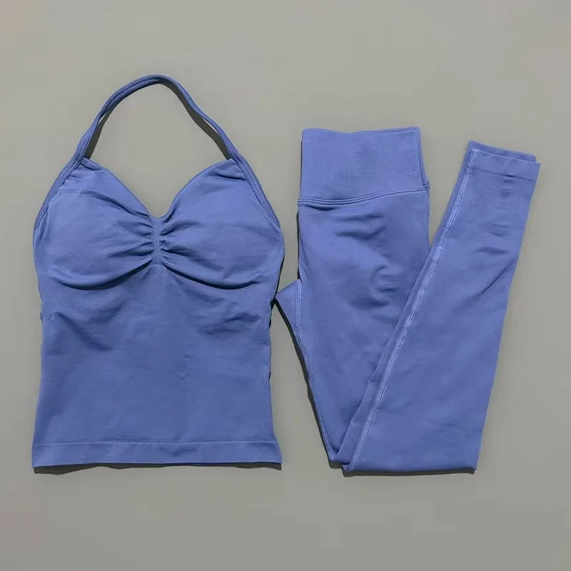 2Piece Sports Gym Set Women Longline Strappy Top Fitness Clothes Seamless Yoga Set Running Workout Sports Leggings Sets