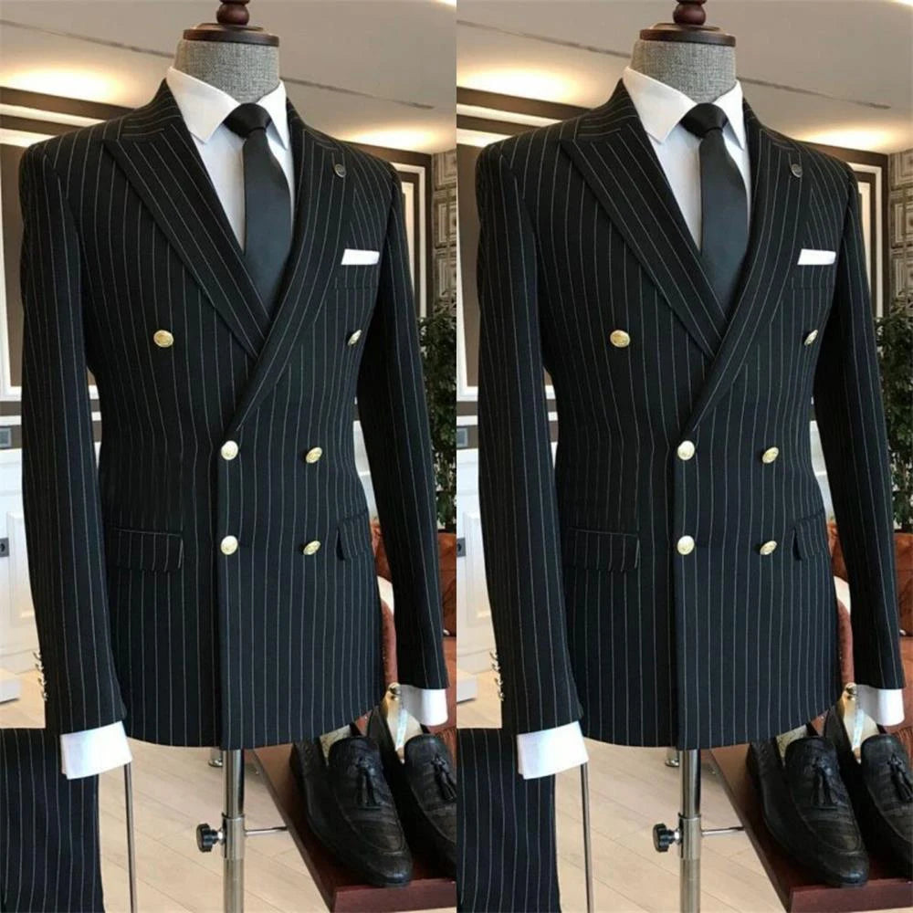 2 Piece Black Striped Men's Suit Set Golden double breasted Lapel Jacket Elastic Pants Wedding Part Prom Dinner Wrok Travel