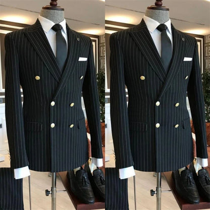 2 Piece Black Striped Men's Suit Set Golden double breasted Lapel Jacket Elastic Pants Wedding Part Prom Dinner Wrok Travel