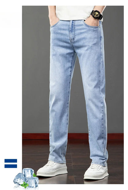 2026 Summer Men's Jeans Slim Fit Jeans Thin Stretch Straight Light Business Casual Denim Long Pants Male Classic Style Brand