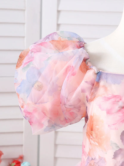 Summer New Girl Bubble Sleeve Colorful Flower Printed Princess Dress Cute Fashion Dress