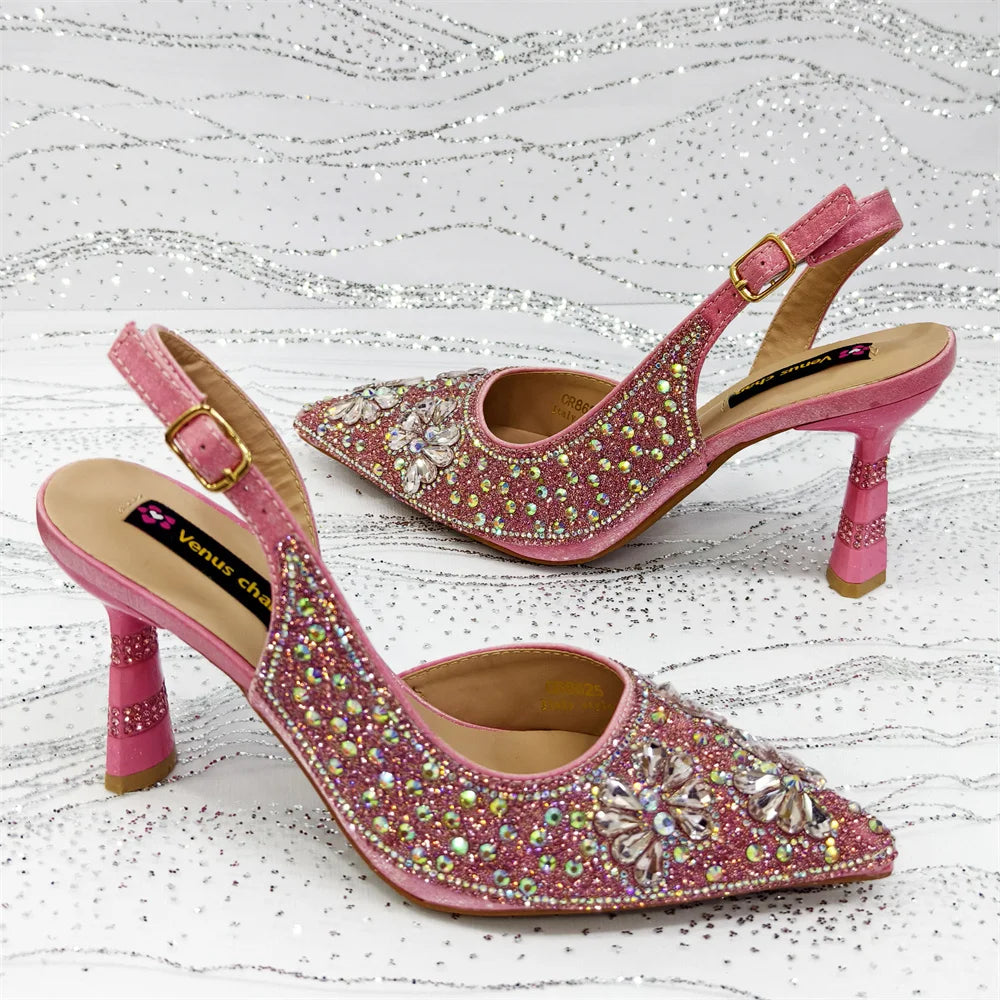 Conjunto de Sapatos de Festa Roxo de Salto Alto e Bolsa de Strass Feminino - Estilo de Casamento Design Italiano