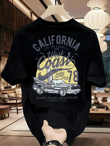 Vintage California West Coast Surfing Graphic Tee with Retro Car and Sun Print 100% Cotton Men's T-shirt Summer Casual Beachwear