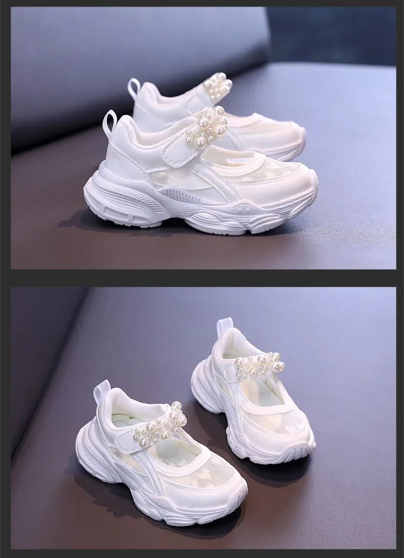Girls Tennis Shoes Mesh Hollowed 2024 Summer New Children Solid Color Pearl Sports Shoes Kids Princess Sneakers Cute Heart