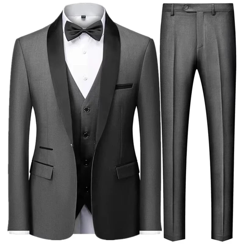 Conjunto Masculino Terno 3 Peças Smoking Um Botão Gola Xale de Cetim Slim Fit Blazer Colete Calças Para Formal Negócios Casamento Noivo
