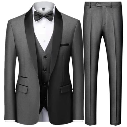 Conjunto Masculino Terno 3 Peças Smoking Um Botão Gola Xale de Cetim Slim Fit Blazer Colete Calças Para Formal Negócios Casamento Noivo
