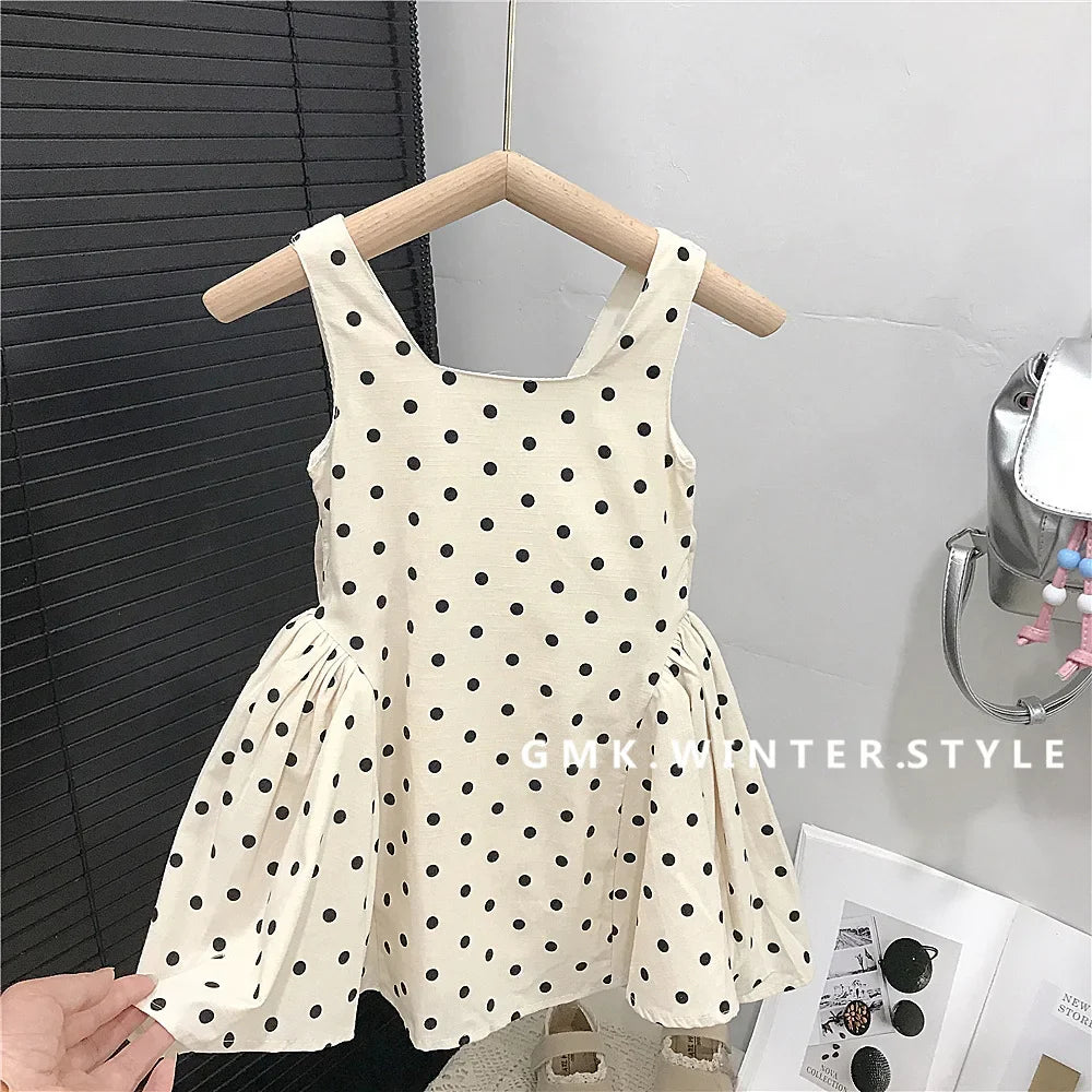 Girls Sleeveless Polka Dot Dress 2025 Summer New Children Vest Dress Baby Bow Princess Cotton Dress