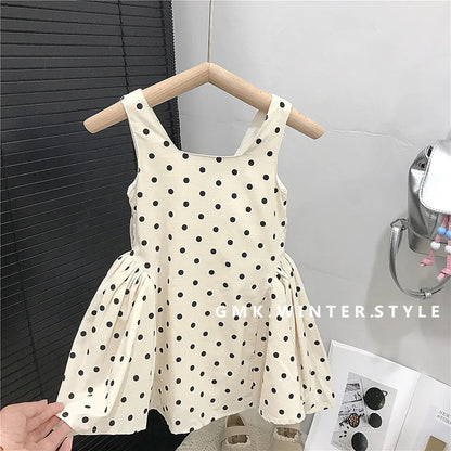 Girls Sleeveless Polka Dot Dress 2025 Summer New Children Vest Dress Baby Bow Princess Cotton Dress