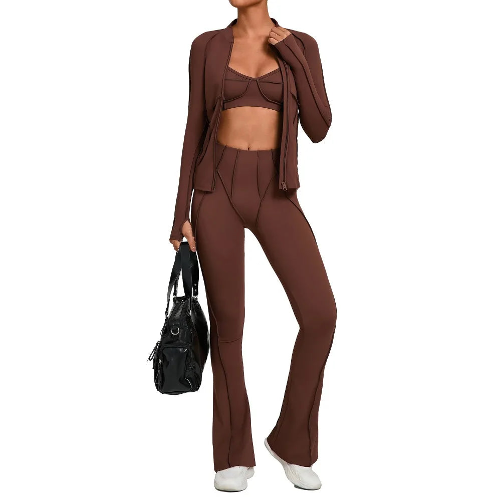 Gym Casual Yoga Set for Women Outdoor Running Fitness Outfit Autumn Winter Tight Sports Three-Piece Set Zipper Coat+bras+pants