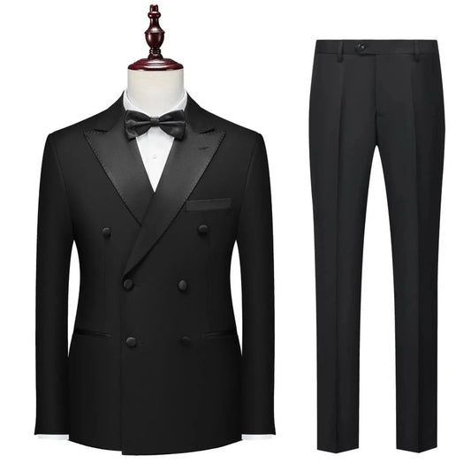 Men Suit 2 Pieces Black With Bright Lapel Double Button For Wedding Groom Banquet Party Business Work Casual Jacket And Pants