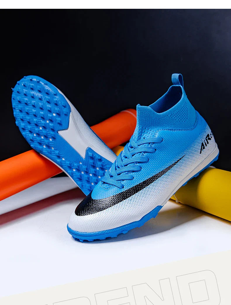 High Top Leather TF Turf Soccer Cleats, Anti-Slip for Grass Training, Men Women Youth Student World Cup Style