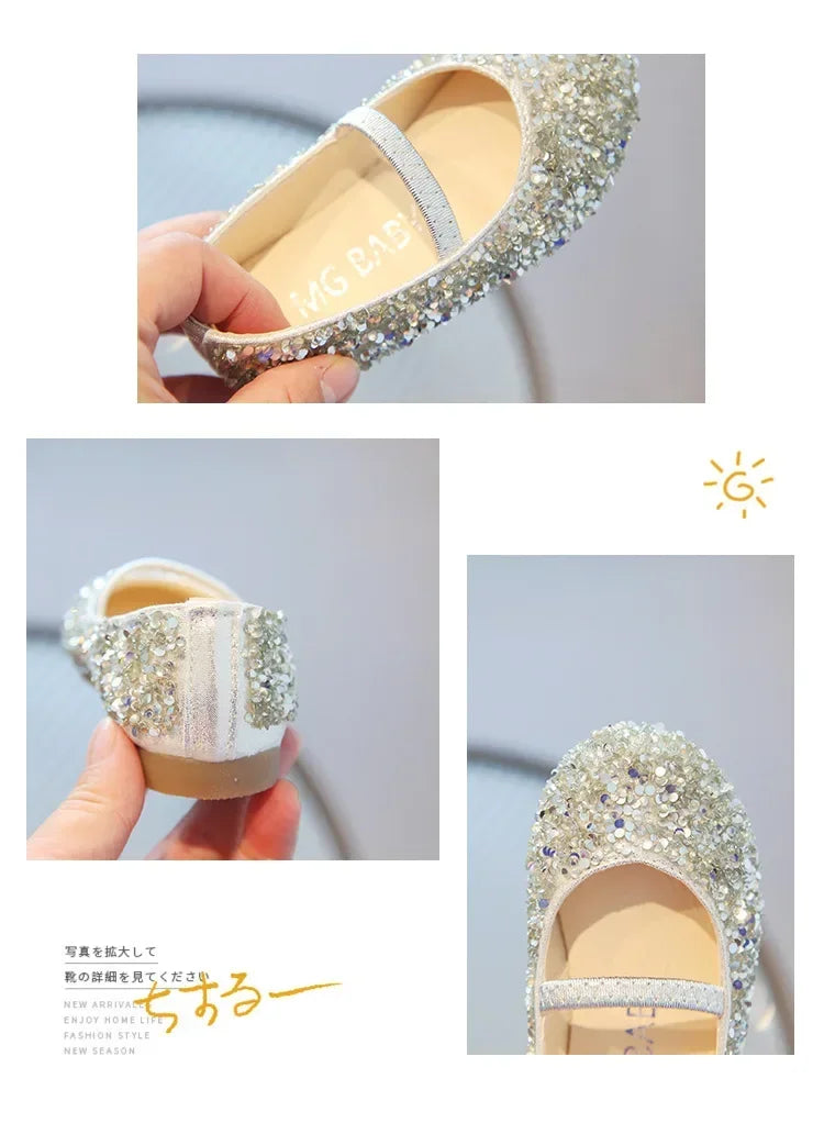 Children's 2025 new single shoe girls' fashion show sequined crystal shoes baby Baotou fashionable soft soled princess shoes