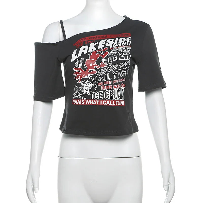 Tee Y2k Letter Print Off Shoulder Punk T-shirts Women Harajuku Summer Streetwear Grunge T Shirt Aesthetic Sexy Crop Tops