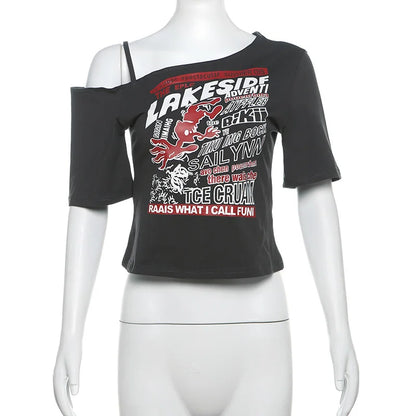 Tee Y2k Letter Print Off Shoulder Punk T-shirts Women Harajuku Summer Streetwear Grunge T Shirt Aesthetic Sexy Crop Tops