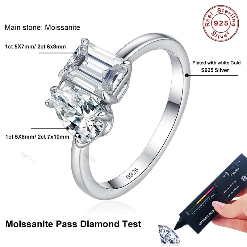 Pear Emerald Cut Moissanite Ring Engagement Rings for Women Two Stone 925 Sterling Silver with Gold Plated Wedding Band