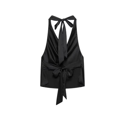 2025 Women Sexy Sleeveless Backless Bow Tied Soft Touch Blouse Female FashionHalter Shirts Summer Blusas Chic Tops LS9013