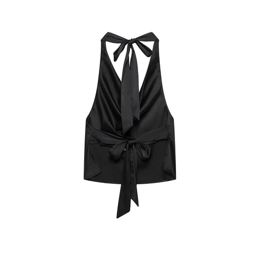 2025 Women Sexy Sleeveless Backless Bow Tied Soft Touch Blouse Female FashionHalter Shirts Summer Blusas Chic Tops LS9013
