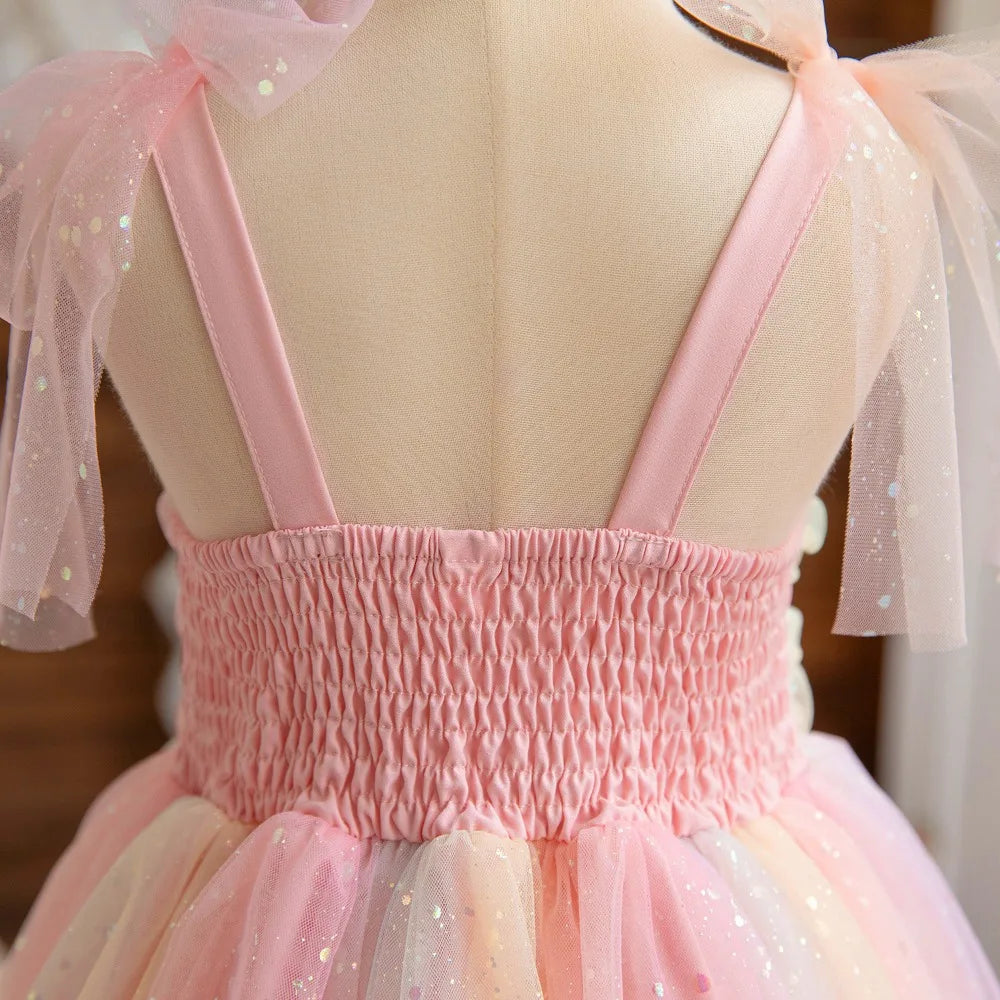 Vestido Infantil Bear Leader Sem Mangas com Lantejoulas Doce Princesa Meninas Fantasia Malha Verão Fofo Arco-Íris Roupa Infantil