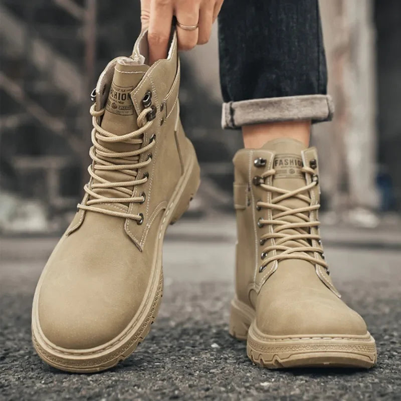 High Top Men's Shoes for Spring and Autumn, New Anti Slip and Waterproof Desert Boots Outdoor Zipper Hiking Shoes Work Boots
