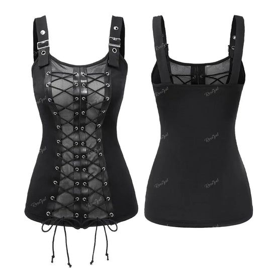 Plus Size Women's Tops Gothic Mesh Lace Up Buckle Grommet Tank 2026 new Spring,Summer Black Backless Standard Vest