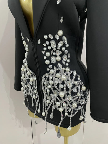 Crystal Chains Pearls Long Sleeve Mini Dress 2025 Women Birthday Evening Party Nightclub Outfit Singer Wedding Costume