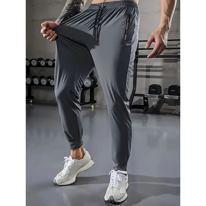 Summer Clothes Football Men's Ice Silk High Elastic Breathable Trousers With Drawstring Zipper Pockets Casual Sports Trousers