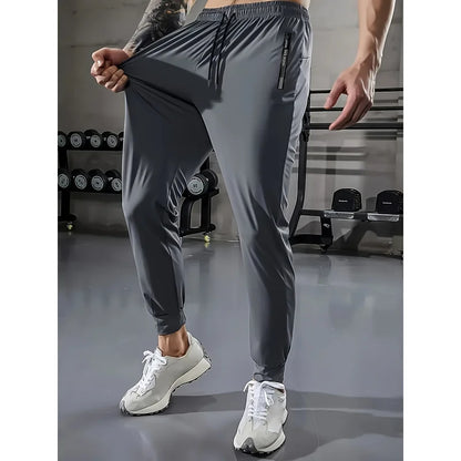 Summer Clothes Football Men's Ice Silk High Elastic Breathable Trousers With Drawstring Zipper Pockets Casual Sports Trousers
