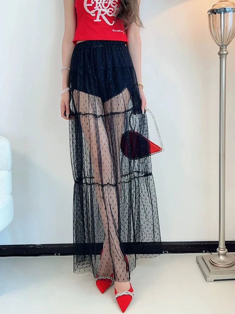 Y2K Korean Style Fashion Floor-Length Long Skirt Summer A-Line Mesh See Through polka Dot Skirt Women High Waist Lace Maxi Skirt