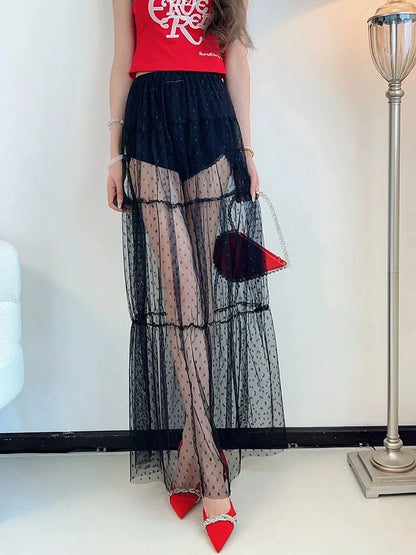 Y2K Korean Style Fashion Floor-Length Long Skirt Summer A-Line Mesh See Through polka Dot Skirt Women High Waist Lace Maxi Skirt