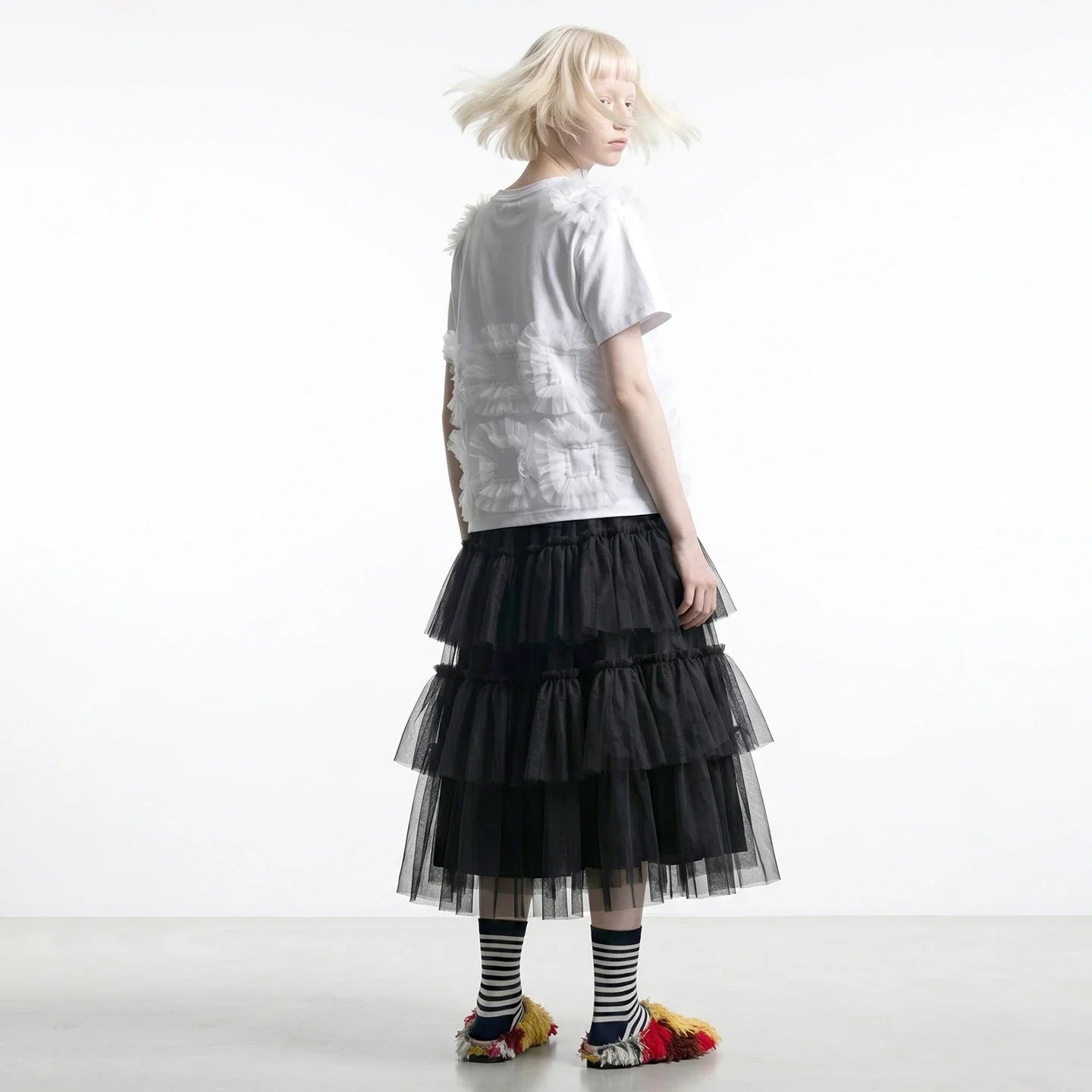 Spring Japanese Mesh High Waist Medium Length A-line Half length Skirt Women's Elastic Forest Black Cake Skirt 265434