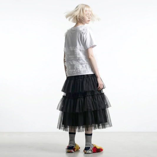 Spring Japanese Mesh High Waist Medium Length A-line Half length Skirt Women's Elastic Forest Black Cake Skirt 265434