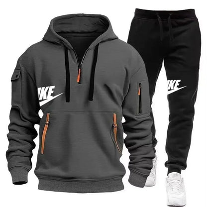 2025 New men's autumn and winter set: Multi-pocket hoodie + sport long pants set, casual men's wear, sportswear and warm set