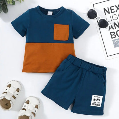 2PCS Summer Toddlers Boy Outfits Short Sleeve Pullover Color Block Top+Pants Fashion Casual Sports Set for Kids Boys 1-4 Years