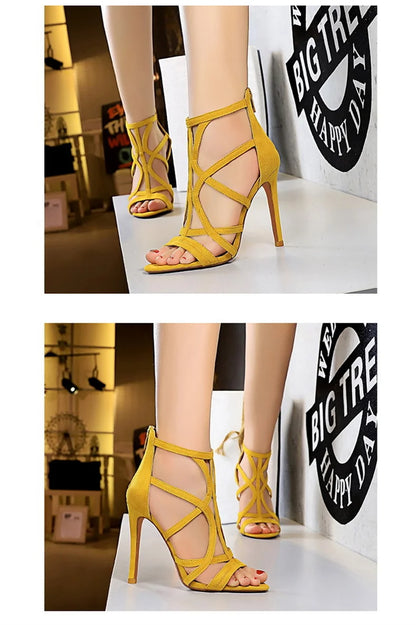 Women Roman Style Thin High Heels Pumps Pointed Toe Suede Hollow Strap Party Shoes Solid Ankle Zip Summer Sandals