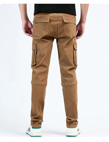 Men's Street Style Elastic Waist Denim Cargo Pants Solid Color Washed Slim Fit Casual Jeans with Multiple Pockets for Daily Wear