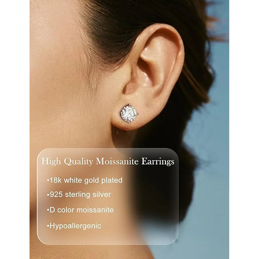 2.0ct Moissanite Earrings for Women Lab Grown Diamond Ear Studs 925 Sterling Silver Fine Jewelry Gift