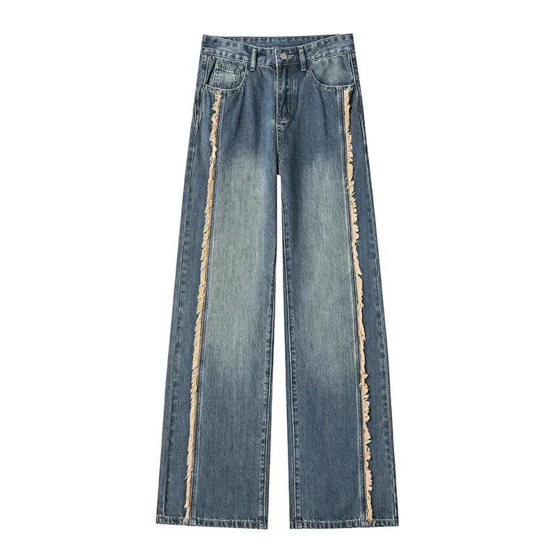 Cotton Wide-leg Women's Baggy Jeans High Waist Distressed