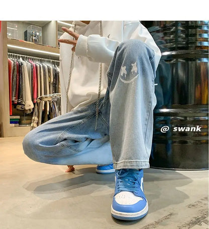 Harajuku Smile Print Baggy Pants Men Streetwear Wide Leg Oversize Jeans Vintage Y2k Straight Long Trousers Male 2024 Fashion