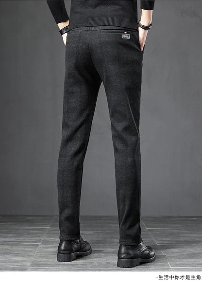Autumn Men's Brushed Plaid Casual Pants Korean Style Gray Elastic Straight Slim Fit Fashionable Work Pants Blue and Black Male