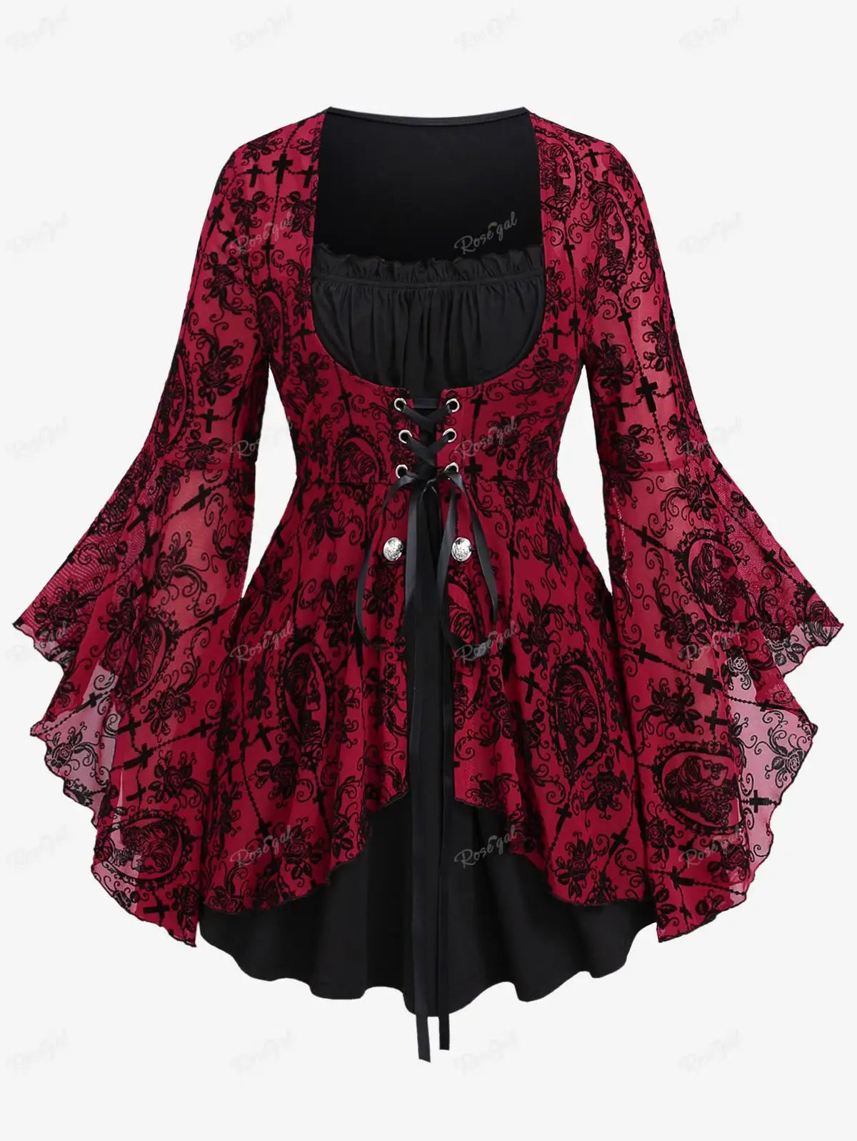 Plus Size Gothic Bell Sleeves Cross Floral Mesh Flocking Lace Up Ruched Ruffles 2 in 1 Long Bell Sleeve Top