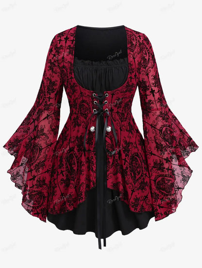 Plus Size Gothic Bell Sleeves Cross Floral Mesh Flocking Lace Up Ruched Ruffles 2 in 1 Long Bell Sleeve Top