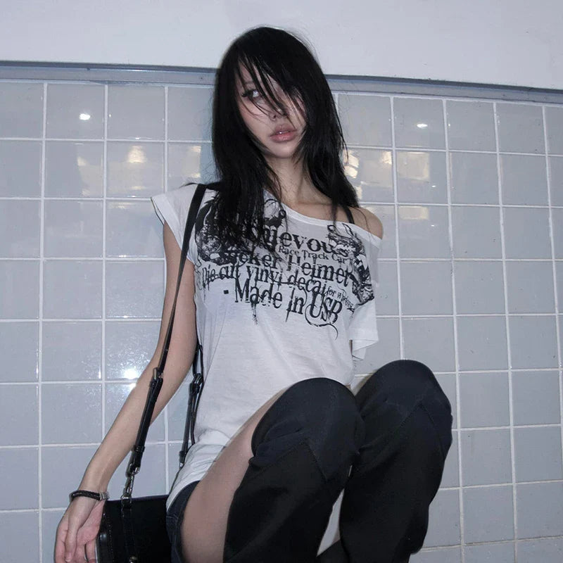 Japanese Y2k Letter Print T-shirt Trashy 2000s Style Tattoo T Shirt Vintage Harajuku Short Sleeve Sheer Tops Grunge Goth