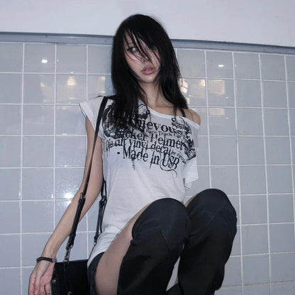 Japanese Y2k Letter Print T-shirt Trashy 2000s Style Tattoo T Shirt Vintage Harajuku Short Sleeve Sheer Tops Grunge Goth