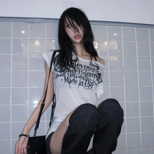 Japanese Y2k Letter Print T-shirt Trashy 2000s Style Tattoo T Shirt Vintage Harajuku Short Sleeve Sheer Tops Grunge Goth