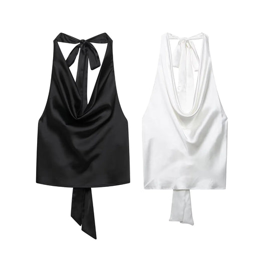 2025 Women Sexy Sleeveless Backless Bow Tied Soft Touch Blouse Female FashionHalter Shirts Summer Blusas Chic Tops LS9013