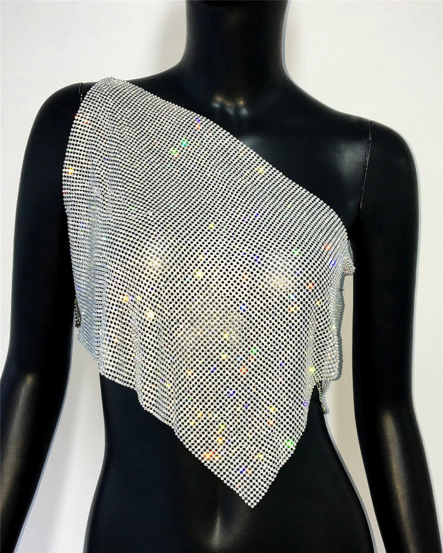 Shiny Rhinestone Metal Camisole For Women Sexy Backless Single shoulder Side Split Tank Tops Cocktail Party Club Crop Top Y2K